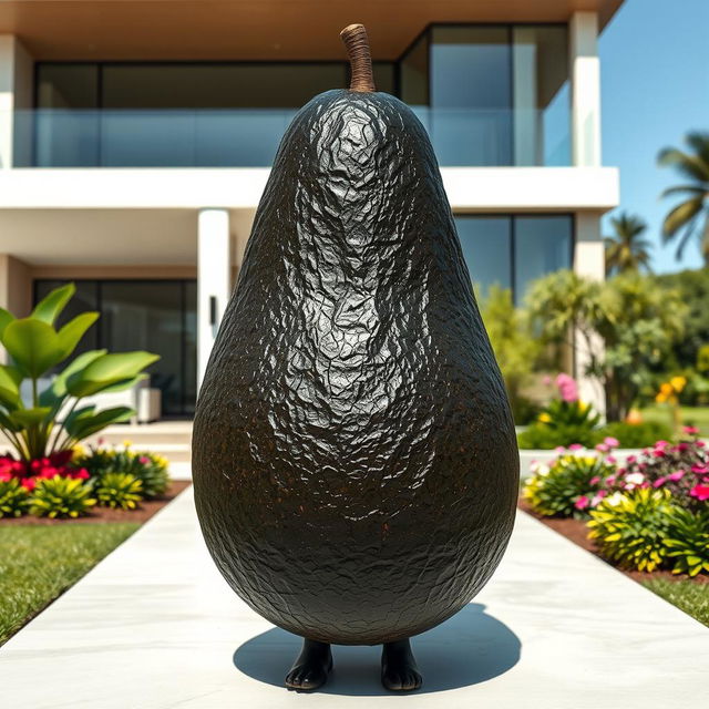 A wrinkly black feminine avocado, showcasing its unique textures and curves, standing elegantly outside a luxurious modern house