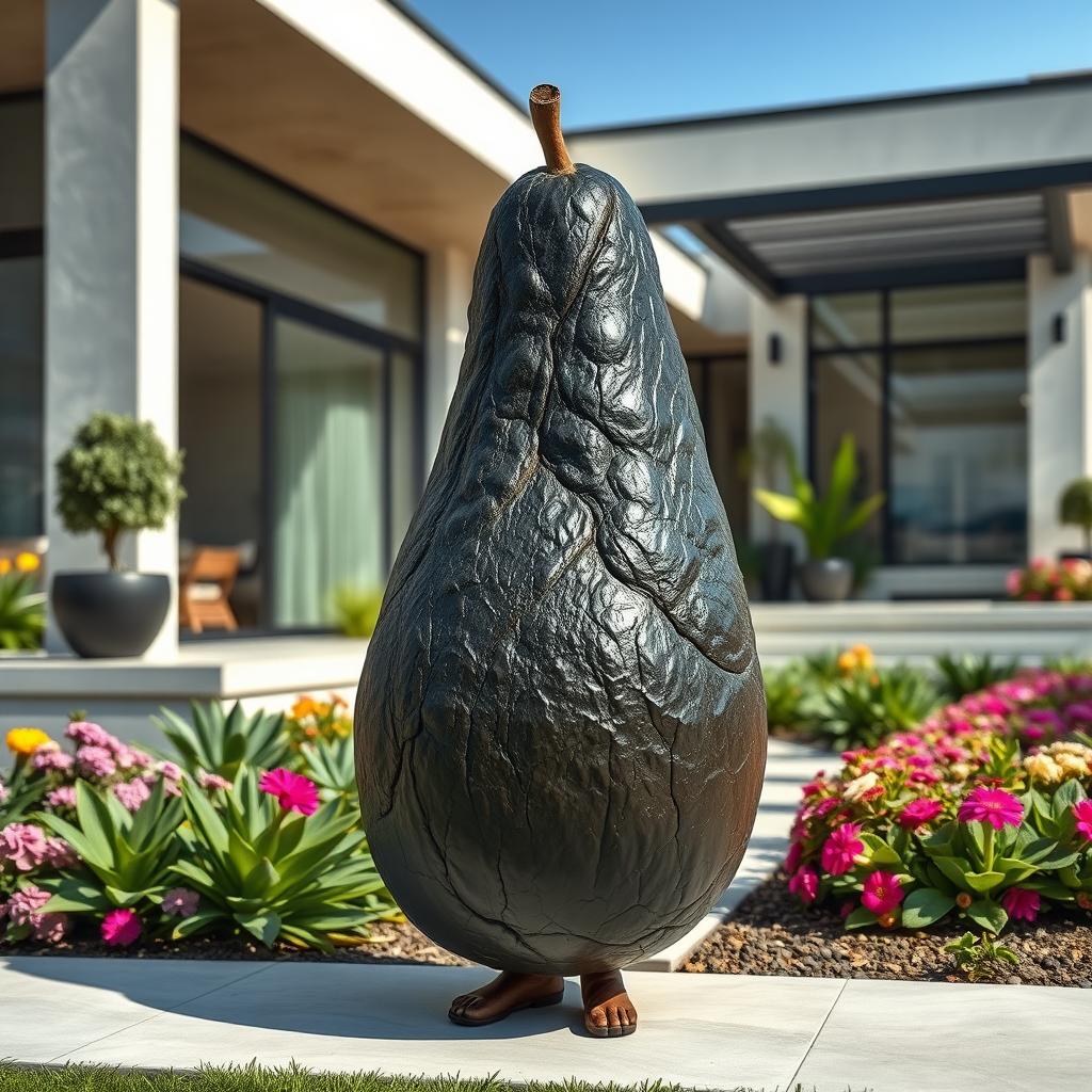 A wrinkly black feminine avocado, showcasing its unique textures and curves, standing elegantly outside a luxurious modern house