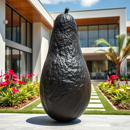A wrinkly black feminine avocado, showcasing its unique textures and curves, standing elegantly outside a luxurious modern house