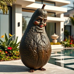 A wrinkly black feminine avocado, showcasing its unique textures and curves, standing elegantly outside a luxurious modern house
