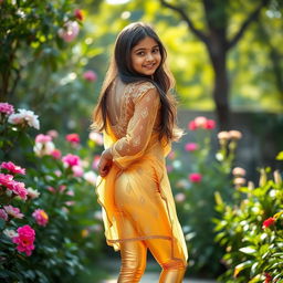A 16-year-old Indian girl elegantly posed wearing tight golden leggings and a delicately sheer net kurti, showcasing her back