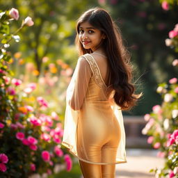 A 16-year-old Indian girl elegantly posed wearing tight golden leggings and a delicately sheer net kurti, showcasing her back