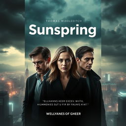 A striking poster for the short film "Sunspring," featuring the actors Thomas Middleditch, Elisabeth Gray, and Humphrey Ker