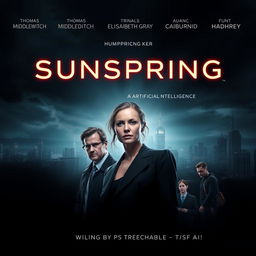 A striking poster for the short film "Sunspring," featuring the actors Thomas Middleditch, Elisabeth Gray, and Humphrey Ker