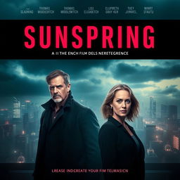 A striking poster for the short film "Sunspring," featuring the actors Thomas Middleditch, Elisabeth Gray, and Humphrey Ker