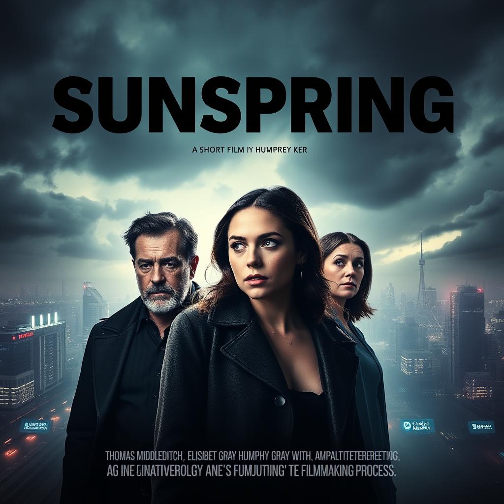 A striking poster for the short film "Sunspring," featuring the actors Thomas Middleditch, Elisabeth Gray, and Humphrey Ker