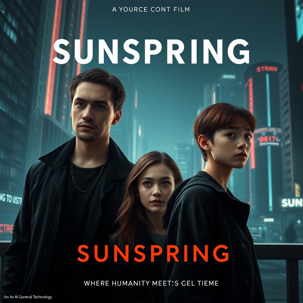 An advertisement poster design for the science fiction short film 'Sunspring', showcasing a dystopian future where young people sell blood