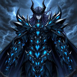 An imposing anime villain clad in intricate black and blue demon lord armor, featuring sharp, angular designs and glowing blue accents