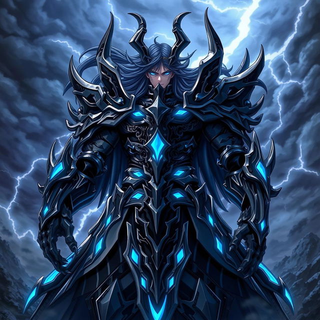 An imposing anime villain clad in intricate black and blue demon lord armor, featuring sharp, angular designs and glowing blue accents