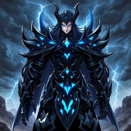 An imposing anime villain clad in intricate black and blue demon lord armor, featuring sharp, angular designs and glowing blue accents