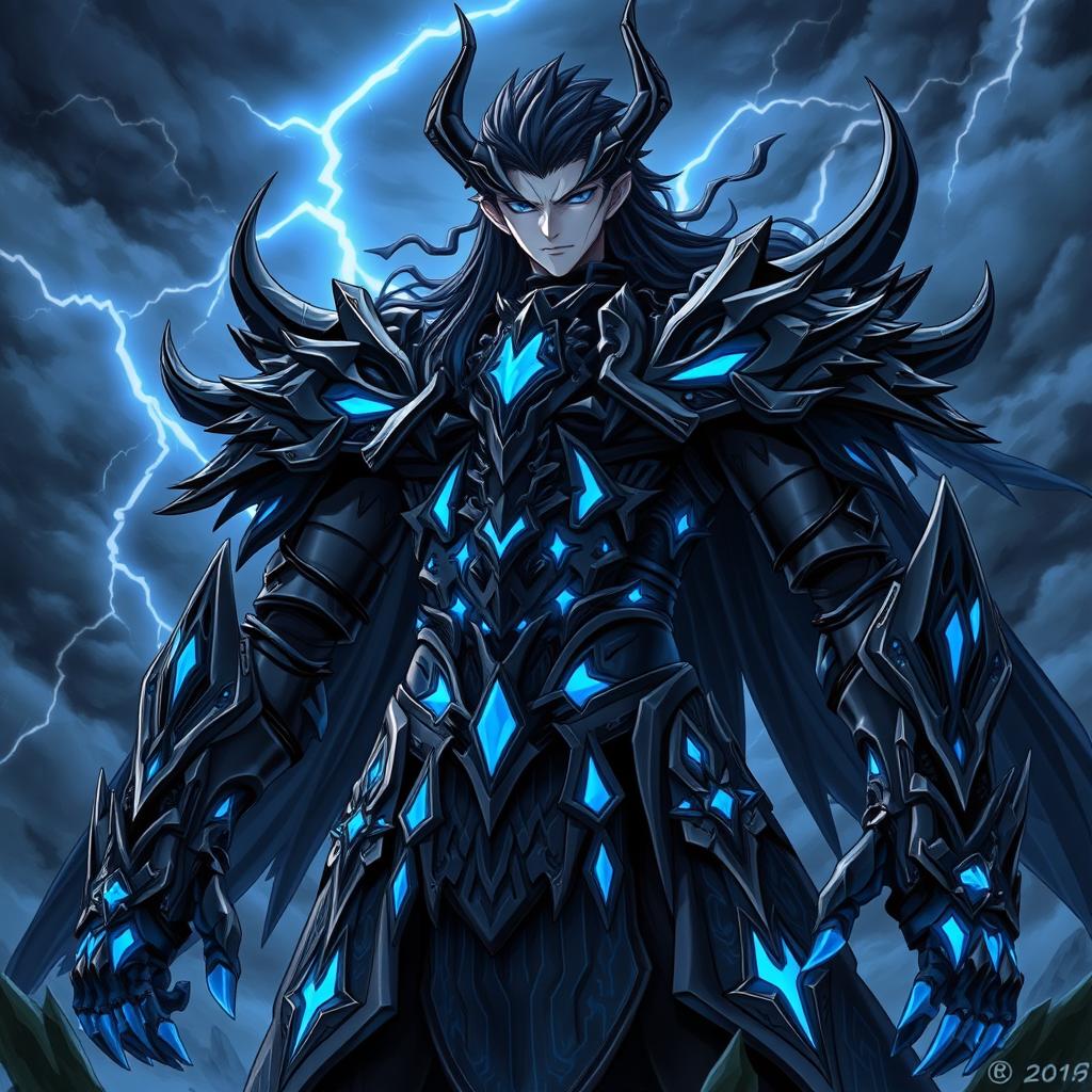 An imposing anime villain clad in intricate black and blue demon lord armor, featuring sharp, angular designs and glowing blue accents