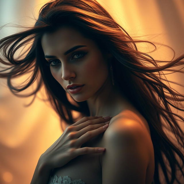 A sensual and artistic close-up photograph of a woman with flowing long hair and an alluring expression