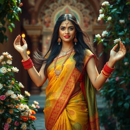 A stunning Indian woman embracing her inner goddess, adorned in traditional attire, such as a vibrant saree with intricate patterns and rich fabric, surrounded by lush greenery and blooming flowers