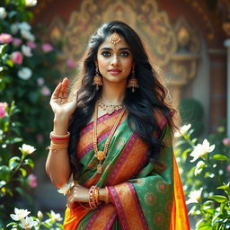 A stunning Indian woman embracing her inner goddess, adorned in traditional attire, such as a vibrant saree with intricate patterns and rich fabric, surrounded by lush greenery and blooming flowers