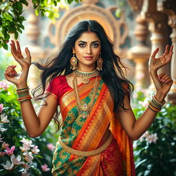 A stunning Indian woman embracing her inner goddess, adorned in traditional attire, such as a vibrant saree with intricate patterns and rich fabric, surrounded by lush greenery and blooming flowers