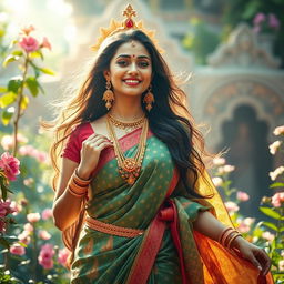 A stunning Indian woman embracing her inner goddess, adorned in traditional attire, such as a vibrant saree with intricate patterns and rich fabric, surrounded by lush greenery and blooming flowers