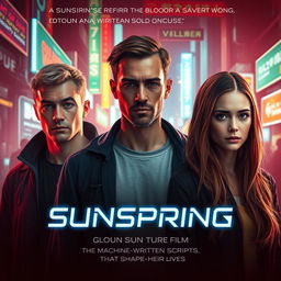 An advertisement poster for the science fiction short film 'Sunspring', featuring two light-skinned men, one significantly taller than the other, and a woman with fair skin and long, reddish-brown hair