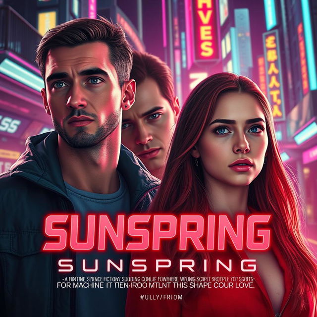 An advertisement poster for the science fiction short film 'Sunspring', featuring two light-skinned men, one significantly taller than the other, and a woman with fair skin and long, reddish-brown hair