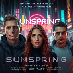 An advertisement poster for the science fiction short film 'Sunspring', featuring two light-skinned men, one significantly taller than the other, and a woman with fair skin and long, reddish-brown hair