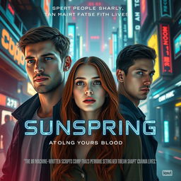 An advertisement poster for the science fiction short film 'Sunspring', featuring two light-skinned men, one significantly taller than the other, and a woman with fair skin and long, reddish-brown hair