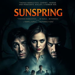 An intense movie poster for the film titled "Sunspring" that encapsulates its themes of betrayal, melancholy, murder, and possessive jealousy, along with a horror twist