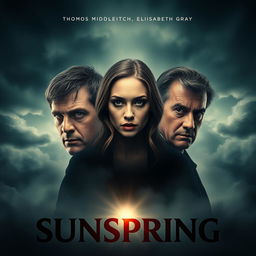 A captivating movie poster for the film titled "Sunspring," emphasizing its themes of betrayal, melancholy, murder, and possessive jealousy