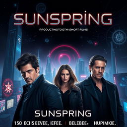 A visually captivating and futuristic poster for the short film "Sunspring," showcasing the actors Thomas Middleditch, Elisabeth Gray, and Humphrey Ker