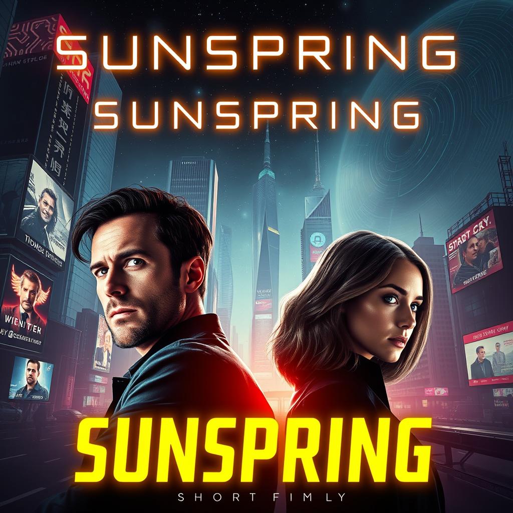 A visually captivating and futuristic poster for the short film "Sunspring," showcasing the actors Thomas Middleditch, Elisabeth Gray, and Humphrey Ker