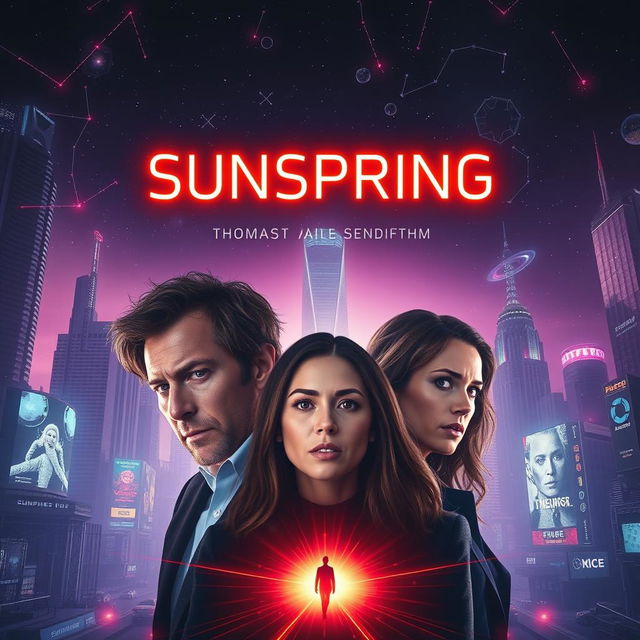 A visually captivating and futuristic poster for the short film "Sunspring," showcasing the actors Thomas Middleditch, Elisabeth Gray, and Humphrey Ker