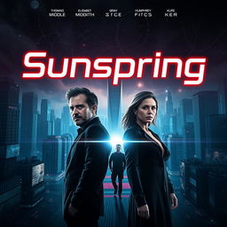 A visually captivating and futuristic poster for the short film "Sunspring," showcasing the actors Thomas Middleditch, Elisabeth Gray, and Humphrey Ker