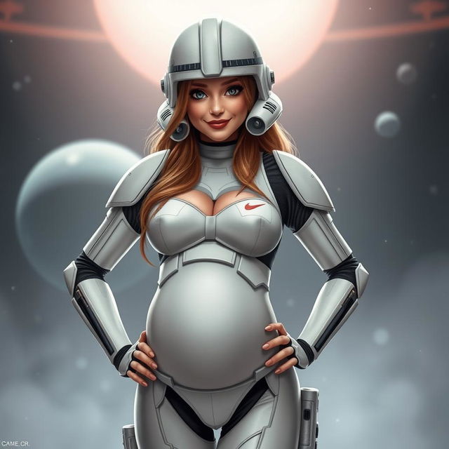 A captivating female Star Wars trooper, characterized by a unique blend of cuteness and sexiness, sporting a stylish, form-fitting version of the classic trooper uniform, accentuating her pregnant belly