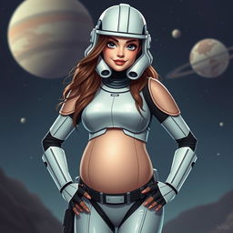 A captivating female Star Wars trooper, characterized by a unique blend of cuteness and sexiness, sporting a stylish, form-fitting version of the classic trooper uniform, accentuating her pregnant belly