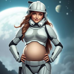 A captivating female Star Wars trooper, characterized by a unique blend of cuteness and sexiness, sporting a stylish, form-fitting version of the classic trooper uniform, accentuating her pregnant belly
