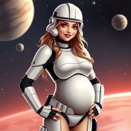 A captivating female Star Wars trooper, characterized by a unique blend of cuteness and sexiness, sporting a stylish, form-fitting version of the classic trooper uniform, accentuating her pregnant belly