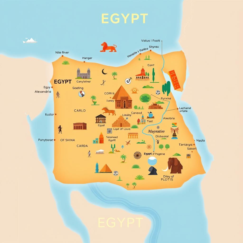 A detailed and visually appealing map of Egypt, showcasing its geographical features, major cities like Cairo and Alexandria, historical landmarks such as the Pyramids of Giza and the Sphinx, and the Nile River flowing through the country