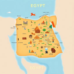 A detailed and visually appealing map of Egypt, showcasing its geographical features, major cities like Cairo and Alexandria, historical landmarks such as the Pyramids of Giza and the Sphinx, and the Nile River flowing through the country