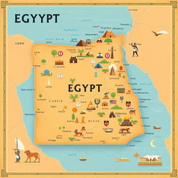 A detailed and visually appealing map of Egypt, showcasing its geographical features, major cities like Cairo and Alexandria, historical landmarks such as the Pyramids of Giza and the Sphinx, and the Nile River flowing through the country