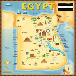 A detailed and visually appealing map of Egypt, showcasing its geographical features, major cities like Cairo and Alexandria, historical landmarks such as the Pyramids of Giza and the Sphinx, and the Nile River flowing through the country
