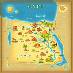 A detailed and visually appealing map of Egypt, showcasing its geographical features, major cities like Cairo and Alexandria, historical landmarks such as the Pyramids of Giza and the Sphinx, and the Nile River flowing through the country