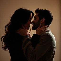 A romantic and intimate moment between two adult figures, subtly capturing the allure of connection and passion