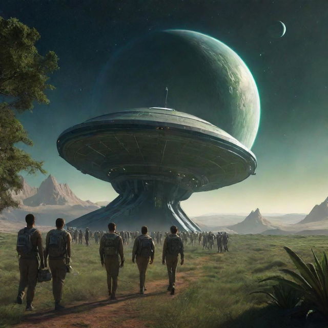 A starship carrying humans disembarking for the first time on the distant planet, Kepler 452b. The planet is lush and green, and in the sky, a distant sun shimmering with foreign hues illuminates the scene.