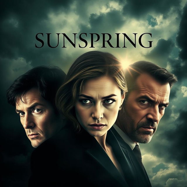 A striking movie poster for the film titled "Sunspring," encapsulating themes of betrayal, melancholy, murder, and possessive jealousy