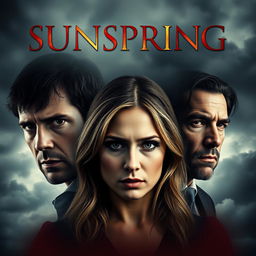 A striking movie poster for the film titled "Sunspring," encapsulating themes of betrayal, melancholy, murder, and possessive jealousy