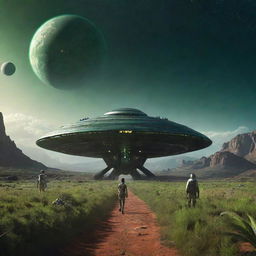 A starship carrying humans disembarking for the first time on the distant planet, Kepler 452b. The planet is lush and green, and in the sky, a distant sun shimmering with foreign hues illuminates the scene.