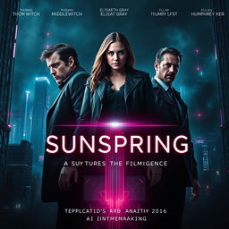 An eye-catching and futuristic poster for the short film "Sunspring," prominently featuring the three actors Thomas Middleditch, Elisabeth Gray, and Humphrey Ker