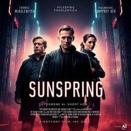 An eye-catching and futuristic poster for the short film "Sunspring," prominently featuring the three actors Thomas Middleditch, Elisabeth Gray, and Humphrey Ker