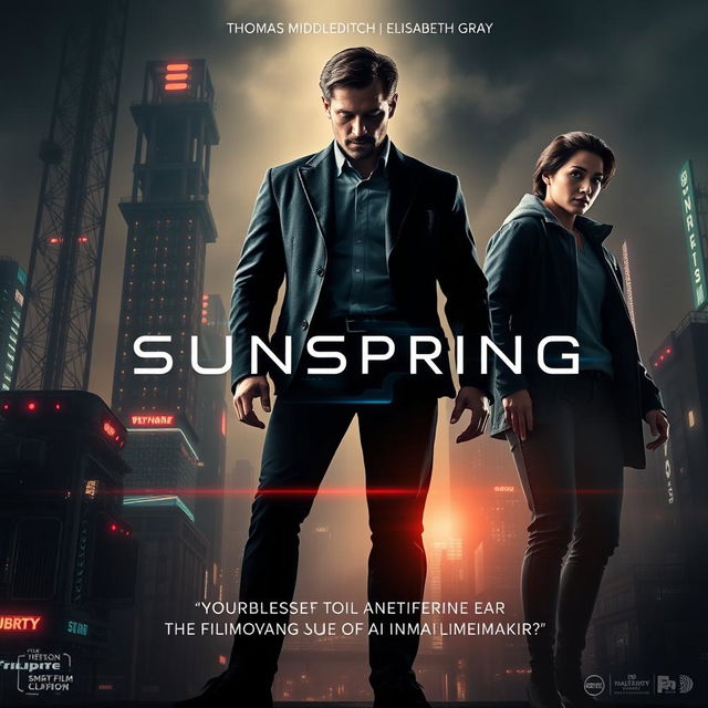 An eye-catching and futuristic poster for the short film "Sunspring," prominently featuring the three actors Thomas Middleditch, Elisabeth Gray, and Humphrey Ker