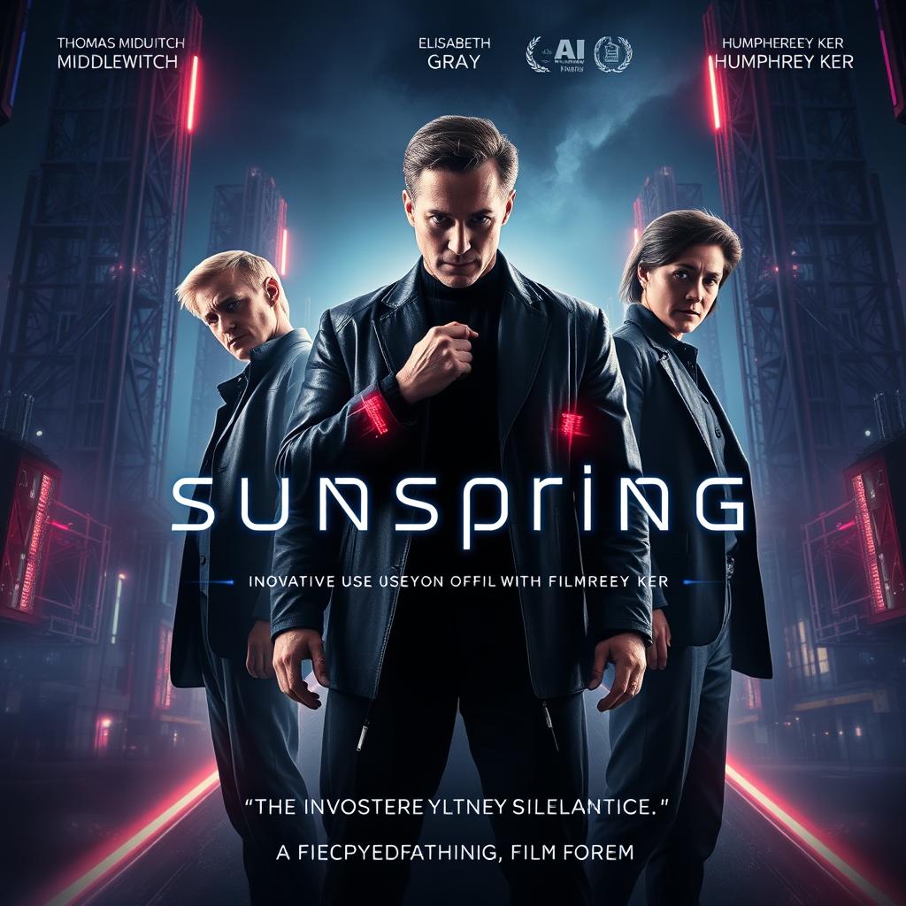 An eye-catching and futuristic poster for the short film "Sunspring," prominently featuring the three actors Thomas Middleditch, Elisabeth Gray, and Humphrey Ker