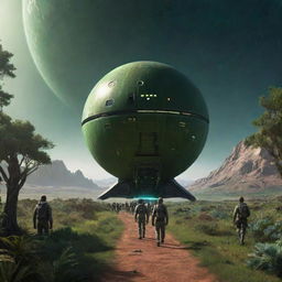 A starship carrying humans disembarking for the first time on the distant planet, Kepler 452b. The planet is lush and green, and in the sky, a distant sun shimmering with foreign hues illuminates the scene.