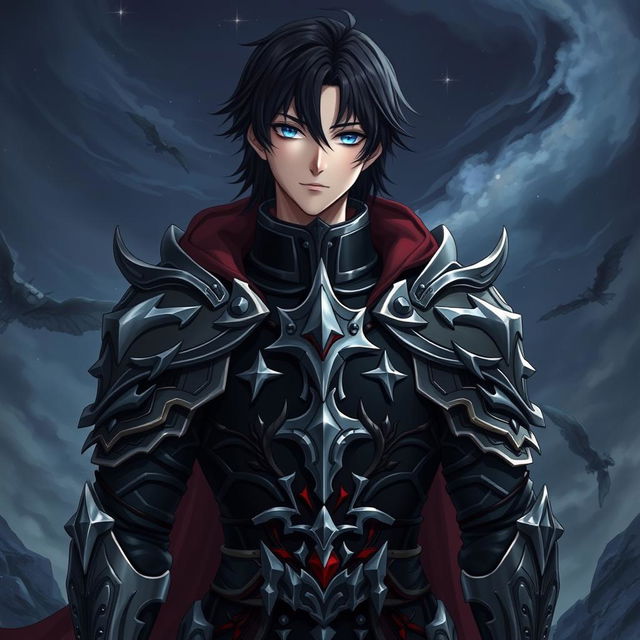 Anime human adult man with medium-length black hair and striking blue eyes, clad in intricately designed dark lord armor adorned with silver and crimson accents